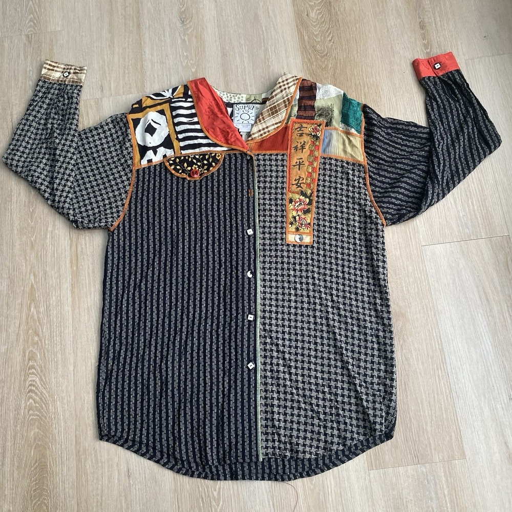 VTG 80s Surya Patchwork Button Up Blouse SZ L Embroidered Mix Print Beaded Shirt